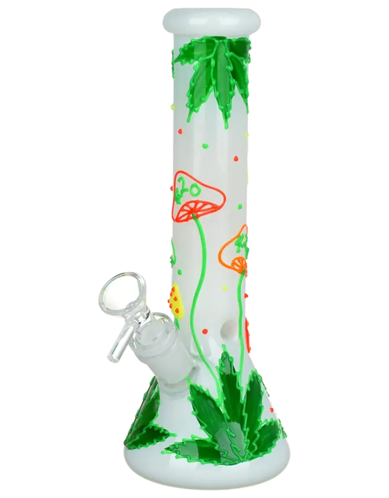 420 Hemp Leaf & Shroom Glow In The Dark Glass Water Pipe 9.5"
