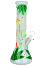 420 Hemp Leaf & Shroom Glow In The Dark Glass Water Pipe 9.5"
