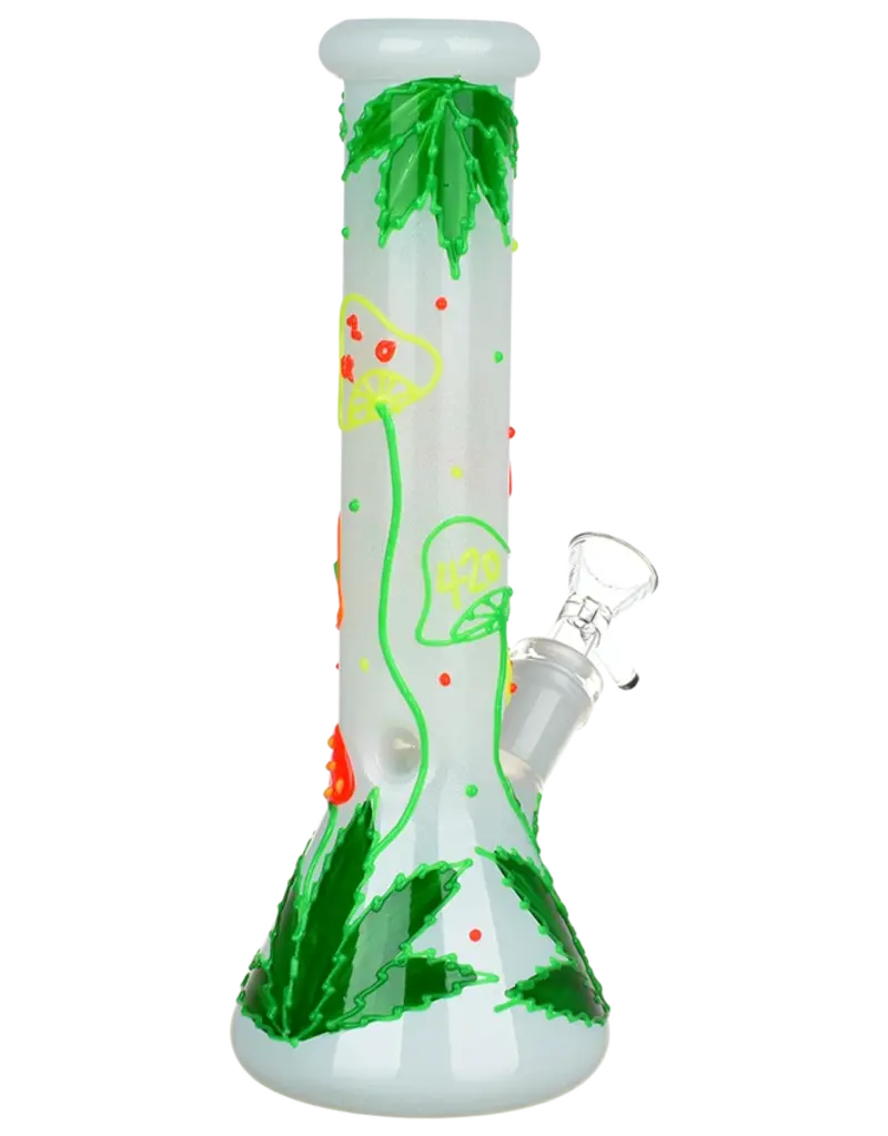 420 Hemp Leaf & Shroom Glow In The Dark Glass Water Pipe 9.5"