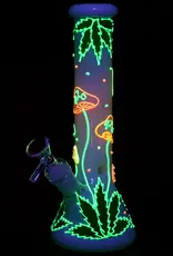 420 Hemp Leaf & Shroom Glow In The Dark Glass Water Pipe 9.5"