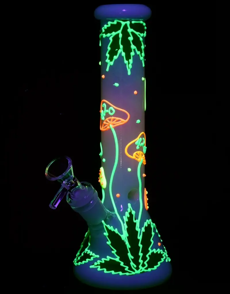 420 Hemp Leaf & Shroom Glow In The Dark Glass Water Pipe 9.5"