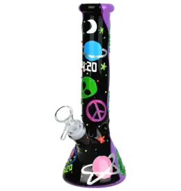 420 Beam Me Up Beaker Glow In The Dark Glass Water Pipe 9.5"