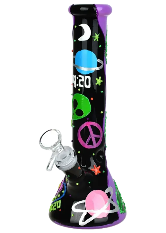420 Beam Me Up Beaker Glow In The Dark Glass Water Pipe 9.5"