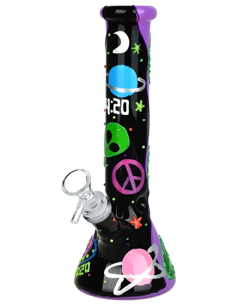 420 Beam Me Up Beaker Glow In The Dark Glass Water Pipe 9.5"