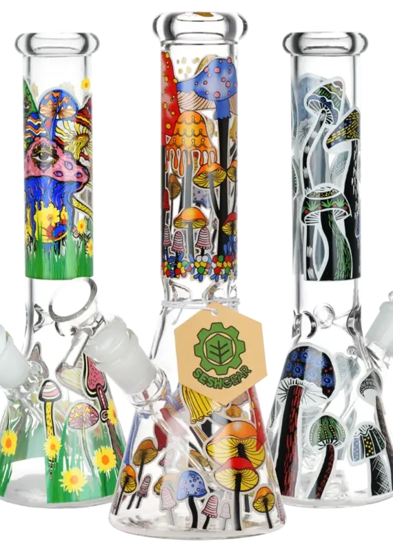 seshgear SeshGear Shrooms Are Watching Glow Glass Beaker Water Pipe 10" Assorted