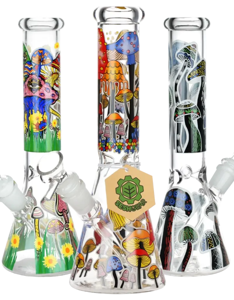 seshgear SeshGear Shrooms Are Watching Glow Glass Beaker Water Pipe 10" Assorted