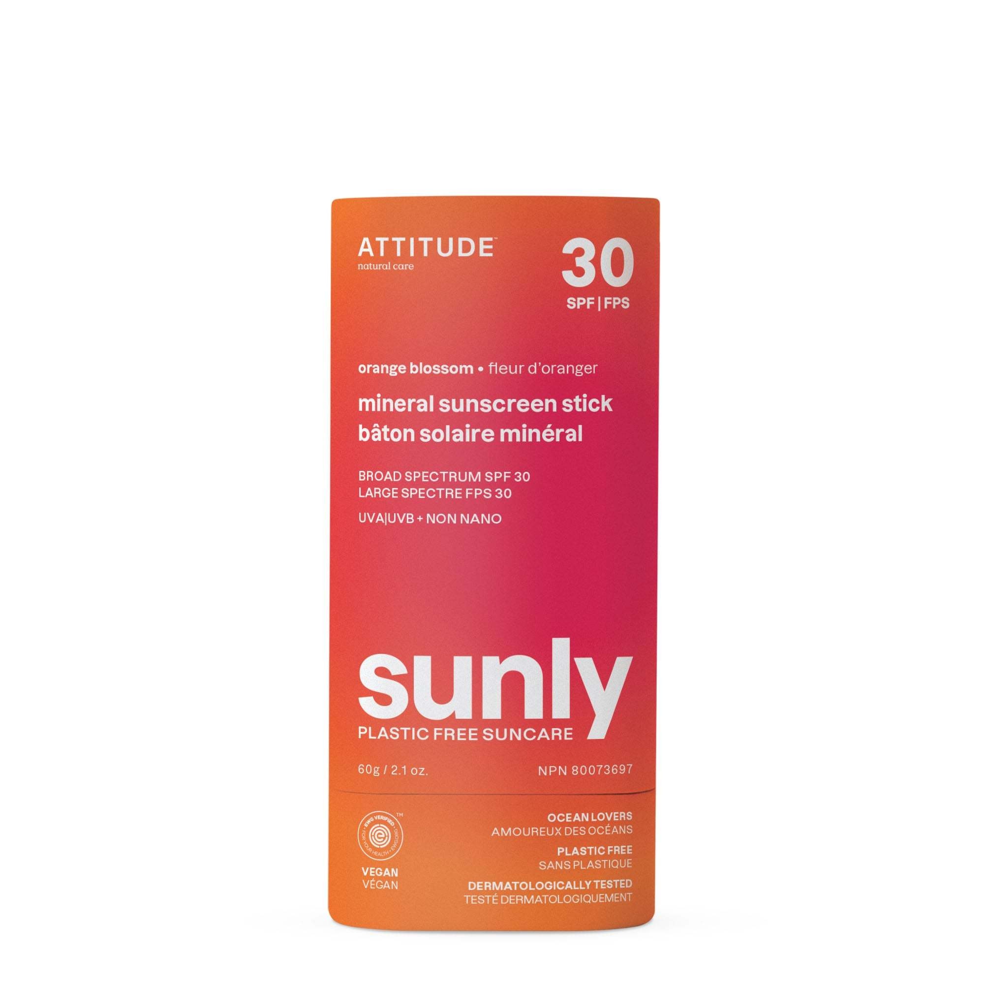 Attitude ATTITUDE : Sunly™ Bâton solaire minéral sans plastique fps 30 Fleur d'oranger | 60g