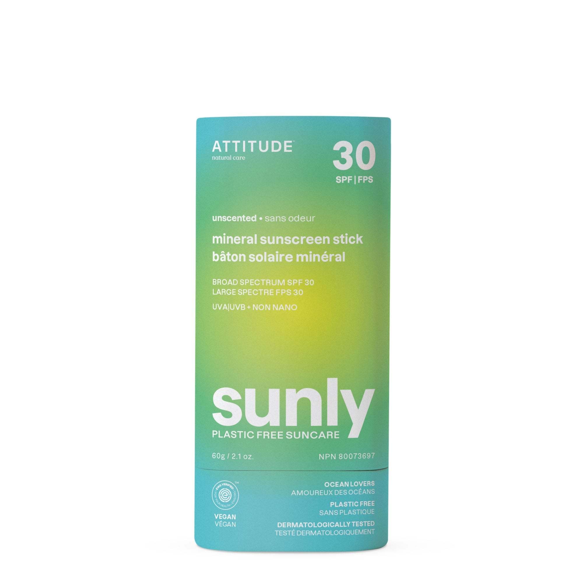 Attitude ATTITUDE : Sunly™ Bâton solaire minéral sans plastique fps 30 Sans odeur | 60g