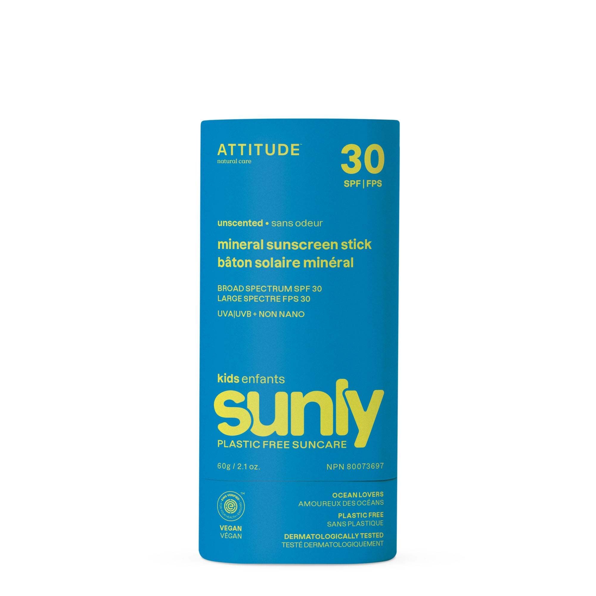 ATTITUDE : Sunly™ Bâton solaire  minéral pour enfants fps 30 Sans odeur | 60g