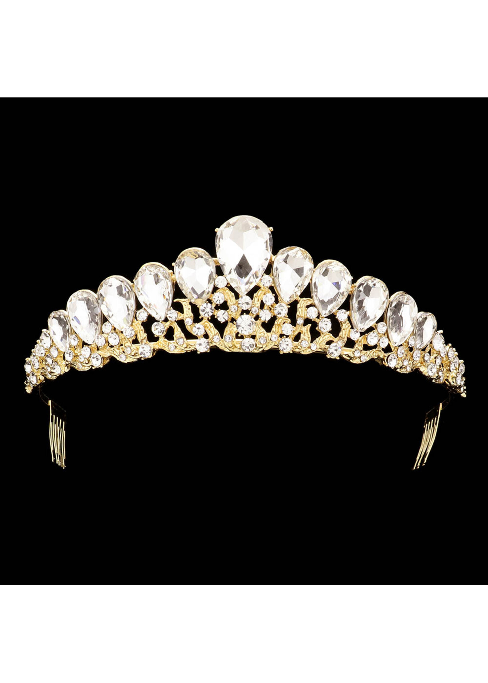 TH23-41089-CL-GD Gold Teardrop Stone Accented Princess Tiara