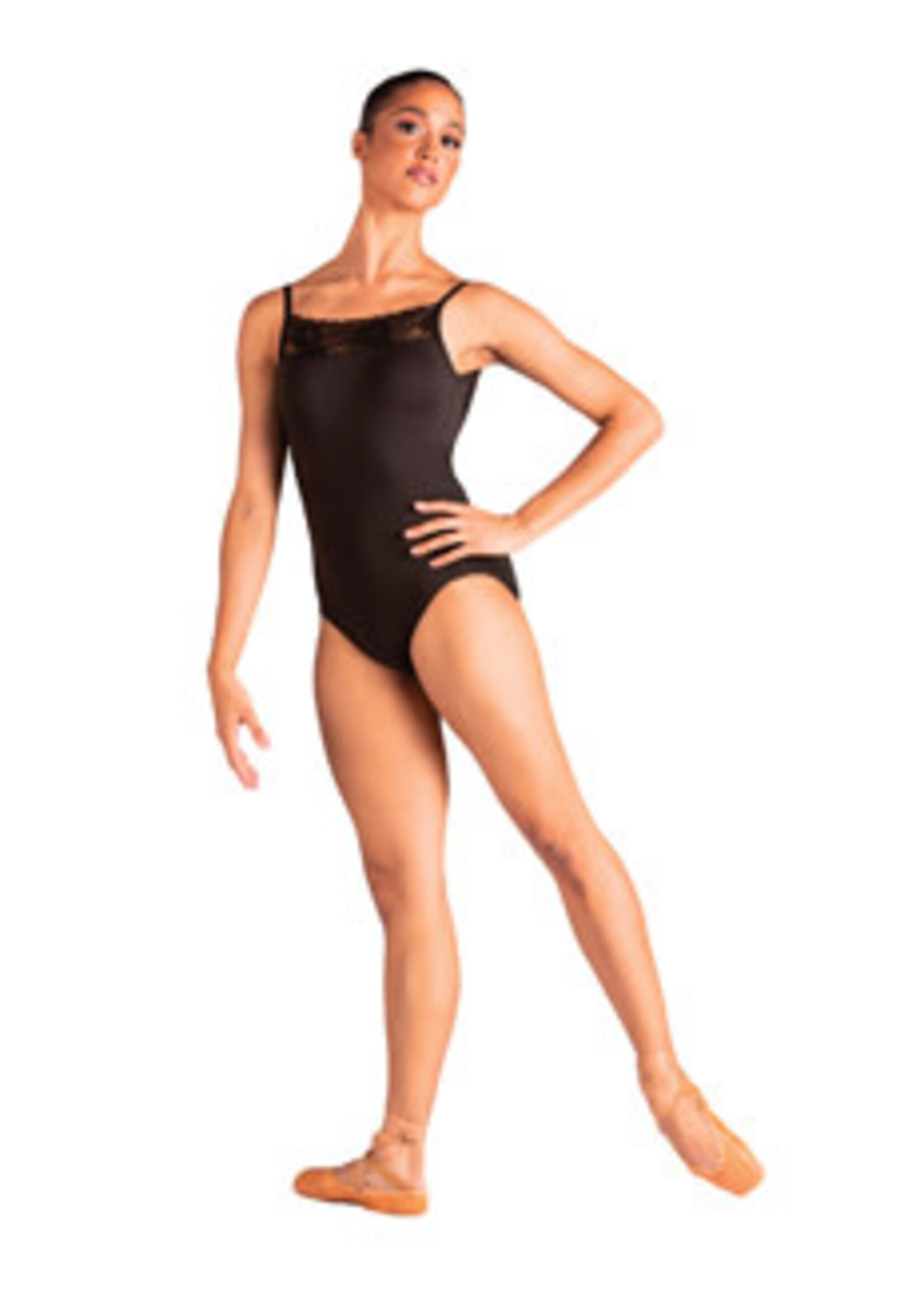 Danshuz 24108A Camisole leotard with wide lace trim at front neck and back edges