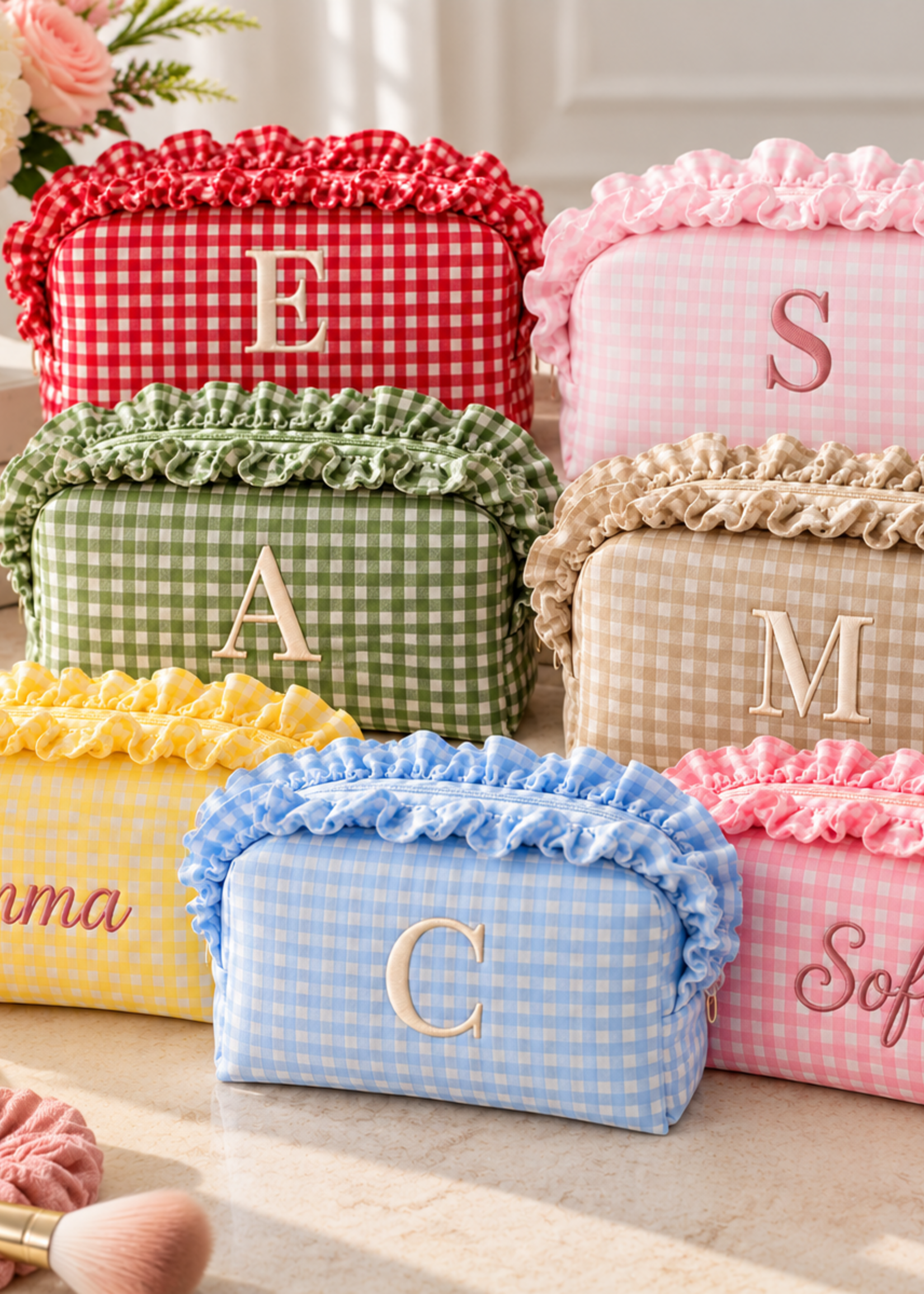 A Pretty Something Personalized Gingham Ruffle Pouch