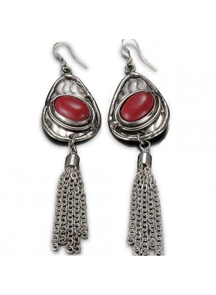 Red Stone Dangle Silver Earrings
