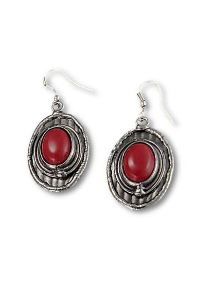 Red Stone Oval Silver Earrings