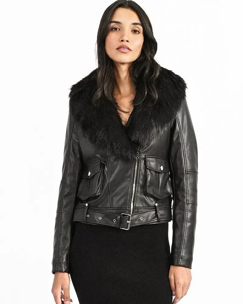 Molly Bracken Fur Lapel Moto Jacket