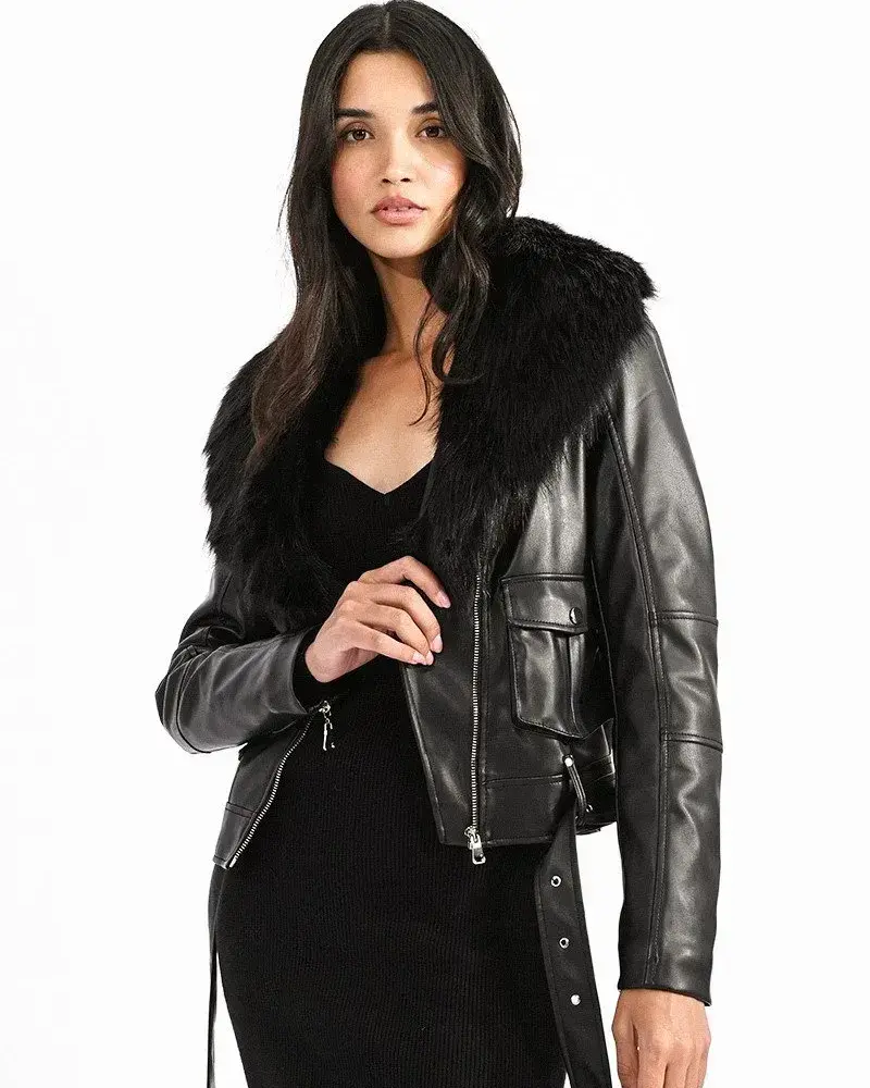 Molly Bracken Fur Lapel Moto Jacket