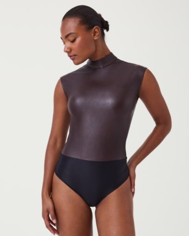 Spanx Mock Neck Faux Leather Bodysuit