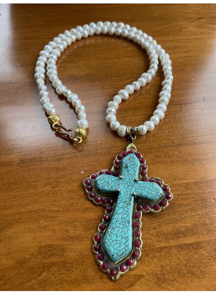 Ikat Jewelry Freshwater Pearl Turquoise Garnet Cross Necklace
