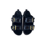 FORTE FORTE SHIERLING AND PATENT LEATHER SANDALS