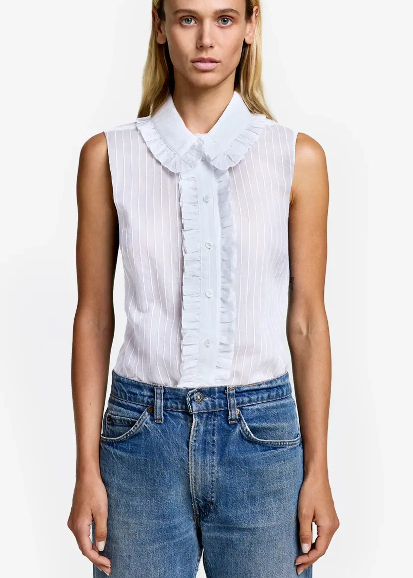 SMYTHE SLEEVELESS RUFFLE TRIM TOP