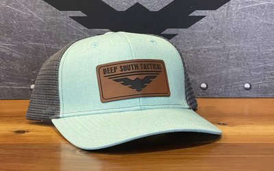  DST - Lost Hat Co. Slate Turquoise Leather Patch Trucker Hat