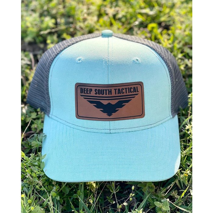 DST - Lost Hat Co. Slate Turquoise Leather Patch Trucker Hat