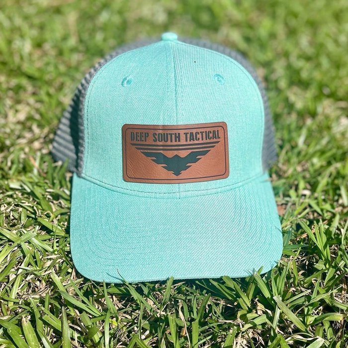 DST - Lost Hat Co. Slate Turquoise Leather Patch Trucker Hat