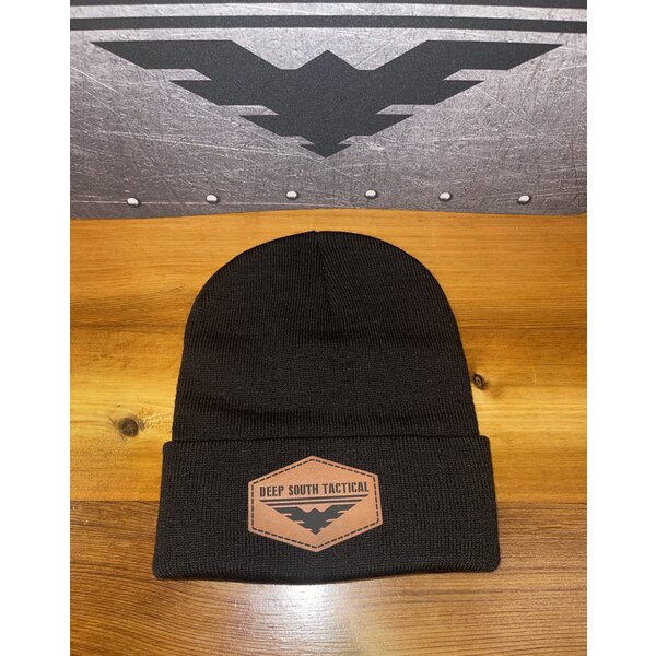 DST   Logo Leather Patch Beanie Hat - BLACK