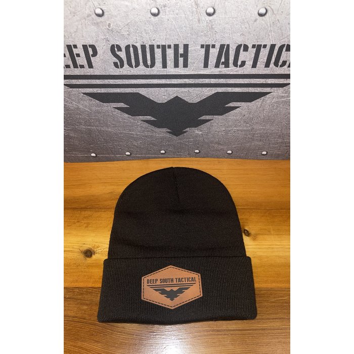 DST   Logo Leather Patch Beanie Hat - BLACK