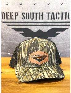  DST  Logo Leather Patch Mossy Oak Black / Camo Trucker Hat Snap Back