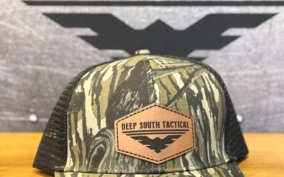  DST  Logo Leather Patch Mossy Oak Black / Camo Trucker Hat Snap Back
