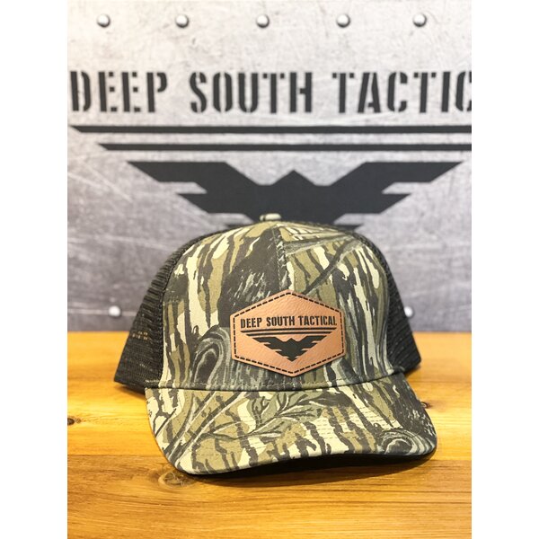 DST Logo Leather Patch Mossy Oak Black / Camo Trucker Hat Snap Back