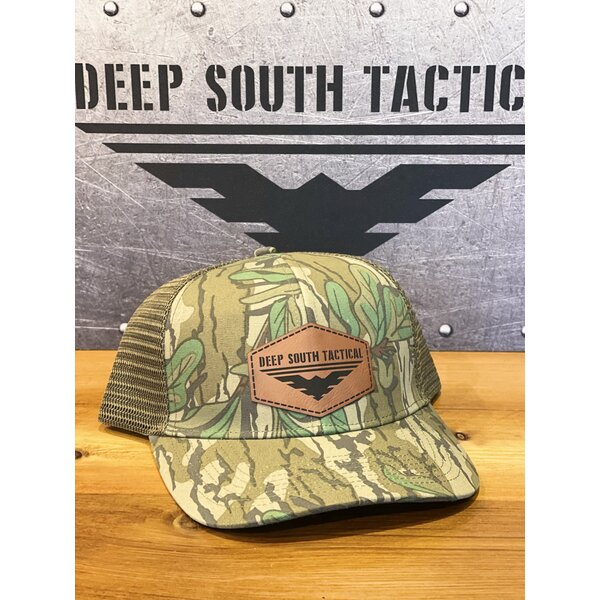 DST Logo Leather Patch Mossy Oak Green / Camo Trucker Hat Snap Back
