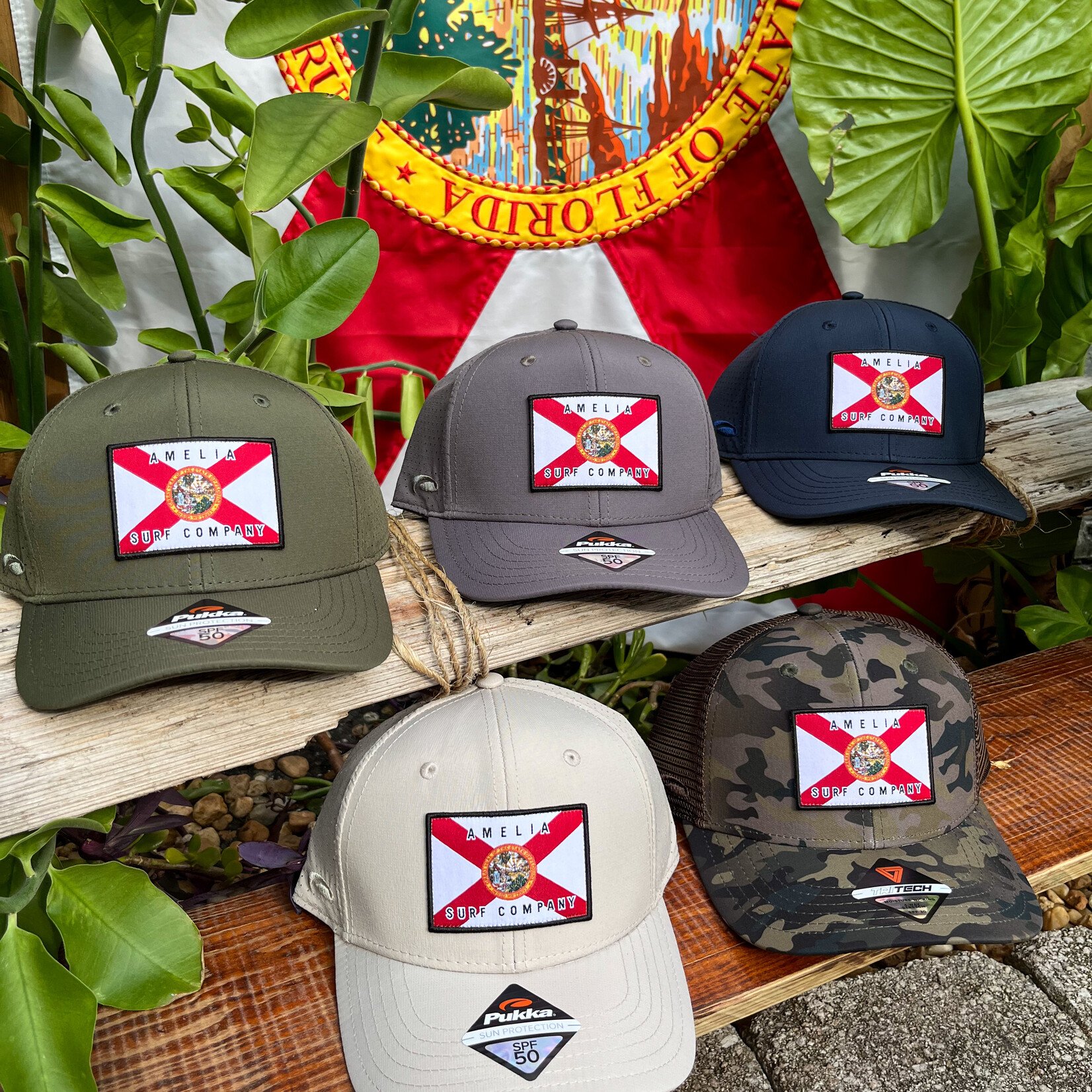 AMELIA SURF CO. HAT ASC FLORIDA FLAG PUKKA TECH  HAT KHAKI