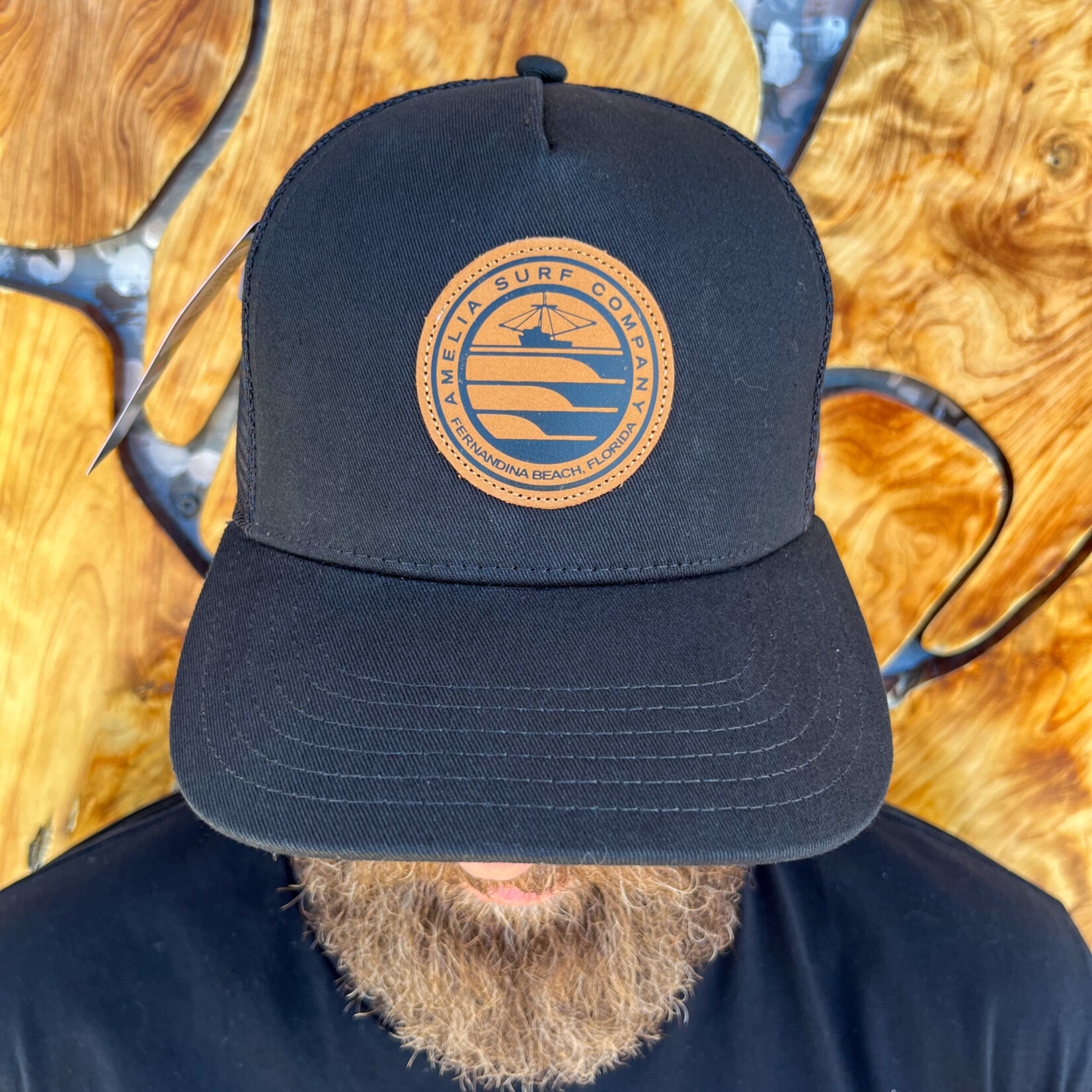 AMELIA SURF CO. HAT ASC LOCALS LEATHER PATCH PUKKA TRUCKER BLACK