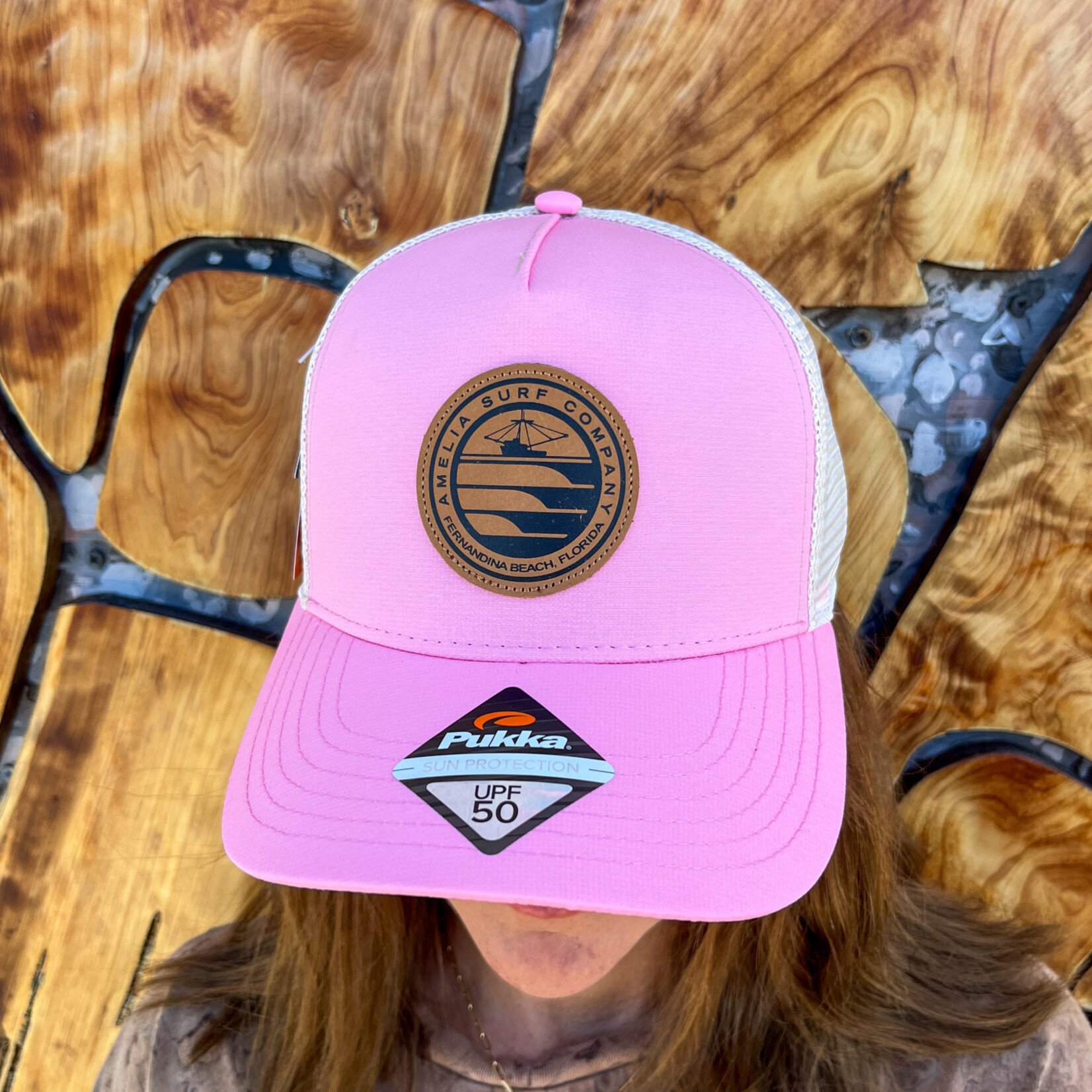 AMELIA SURF CO. HAT ASC LOCALS LEATHER PATCH PUKKA TRUCKER PINK