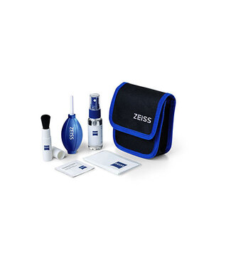 Zeiss Optics Lens Cleaning Kit 1oz bottle lens cleaning fluid, 10x moistened wipes, cleaning brush, air blaster, microfiber cloth, case