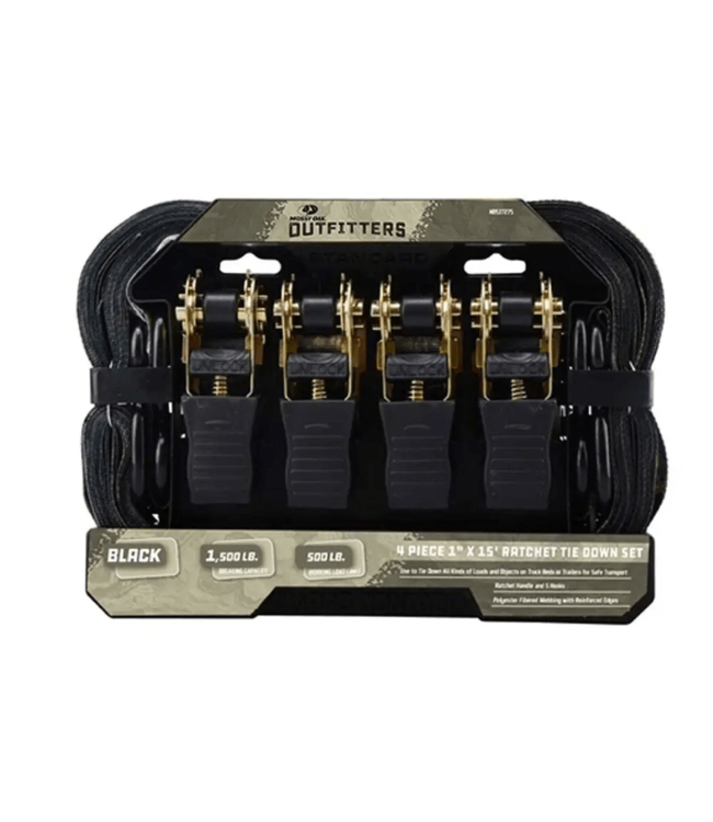 4 Piece 1"x15' Black Ratchet Tie Down Set w/Rubber Grips, 1,500 lb