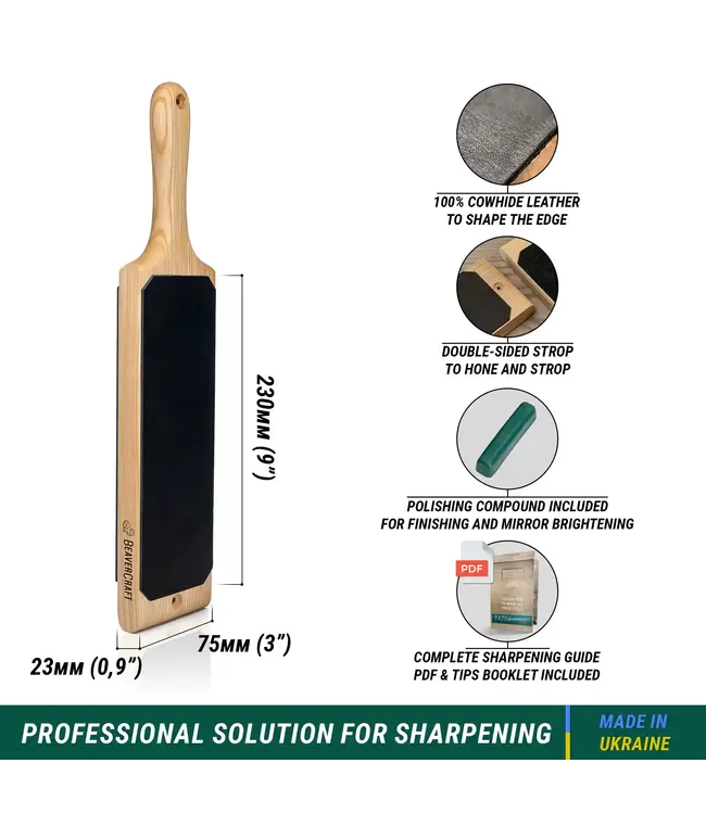 Beavercraft Dual Sided Leather Paddle Strop and Polishing Compound