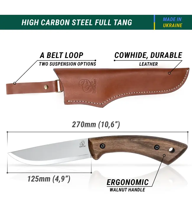 Beavercraft Dune Carbon Steel Bushcraft Knife Walnut w/Sheath