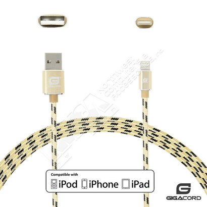 Gigacord Gigacord ClothARMOR iPhone/iPad/iPod Lightning 8 pin Charge/Sync Cable w/Strain Relief, Cloth Braiding, Ultra Slim Aluminum Connectors, 1 Year Warranty, Gold/Black (Choose Length)