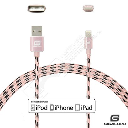 Gigacord Gigacord ClothARMOR iPhone/iPad/iPod Lightning 8 pin Charge/Sync Cable w/Strain Relief, Cloth Braiding, Ultra Slim Aluminum Connectors, 1 Year Warranty, Rose/Black (Choose Length)