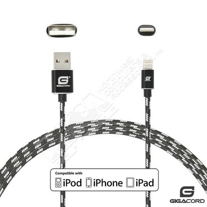 Gigacord Gigacord ClothARMOR iPhone/iPad/iPod Lightning 8 pin Charge/Sync Cable w/Strain Relief, Cloth Braiding, Ultra Slim Aluminum Connectors, 1 Year Warranty, Black/White (3 - 10ft.)