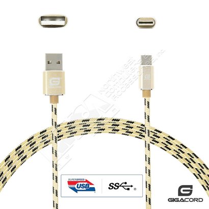 Gigacord Gigacord ClothARMOR USB Type-C 24-pin Charge/Sync Cable w/Strain Relief, Cloth Braiding, Ultra Slim Aluminum Connectors, 1 Year Warranty, Gold/Black (3 - 6ft.)