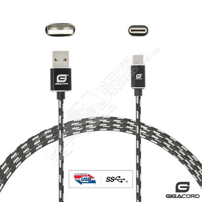 Gigacord Gigacord ClothARMOR USB-C Type-C 24-pin Charge/Sync Cable w/Strain Relief, Cloth Braiding, Ultra Slim Aluminum Connectors, 1 Year Warranty, Black/White (Choose Length)