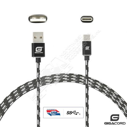 Gigacord Gigacord ClothARMOR USB Type-C 24-pin Charge/Sync Cable w/Strain Relief, Cloth Braiding, Ultra Slim Aluminum Connectors, 1 Year Warranty, Black/White (3 - 6ft.)