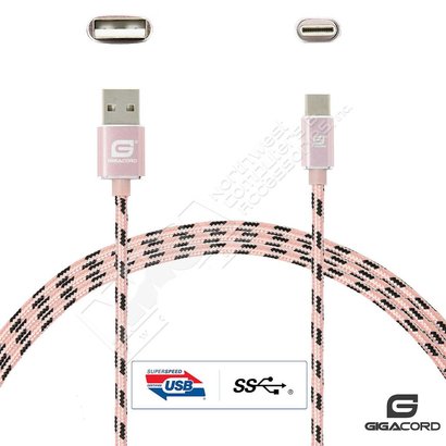 Gigacord Gigacord ClothARMOR USB Type-C 24-pin Charge/Sync Cable w/Strain Relief, Cloth Braiding, Ultra Slim Aluminum Connectors, 1 Year Warranty, Rose/Black (Choose Length)
