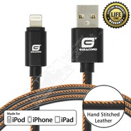 Gigacord Gigacord LeatherARMOR iPhone/iPad/iPod Lightning 8 pin Charge/Sync Cable w/Strain Relief, Premium Leather, Anodized Aluminum Connectors, Lifetime Warranty, Black w/ Orange Stitch (Choose Length)