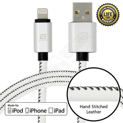 Gigacord Gigacord LeatherARMOR iPhone/iPad/iPod Lightning 8 pin Charge/Sync Cable w/Strain Relief, Premium Leather, Anodized Aluminum Connectors, Lifetime Warranty, White w/ Black Stitch (Choose Length)