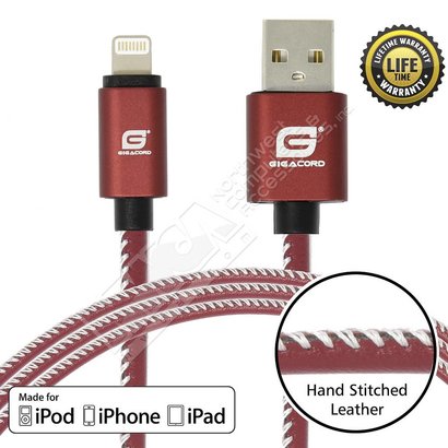 Gigacord Gigacord LeatherARMOR iPhone/iPad/iPod Lightning 8 pin Charge/Sync Cable w/Strain Relief, Premium Leather, Anodized Aluminum Connectors, Lifetime Warranty, Red w/ White Stitch (Choose Length)